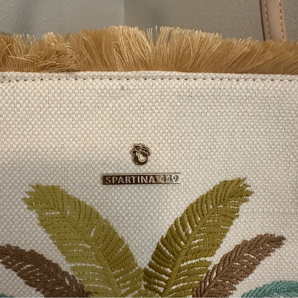 Spartina 449 Palm Tote Bag Embroidered Canvas Leather Trim Fringe Top Coastal - Picture 11 of 11
